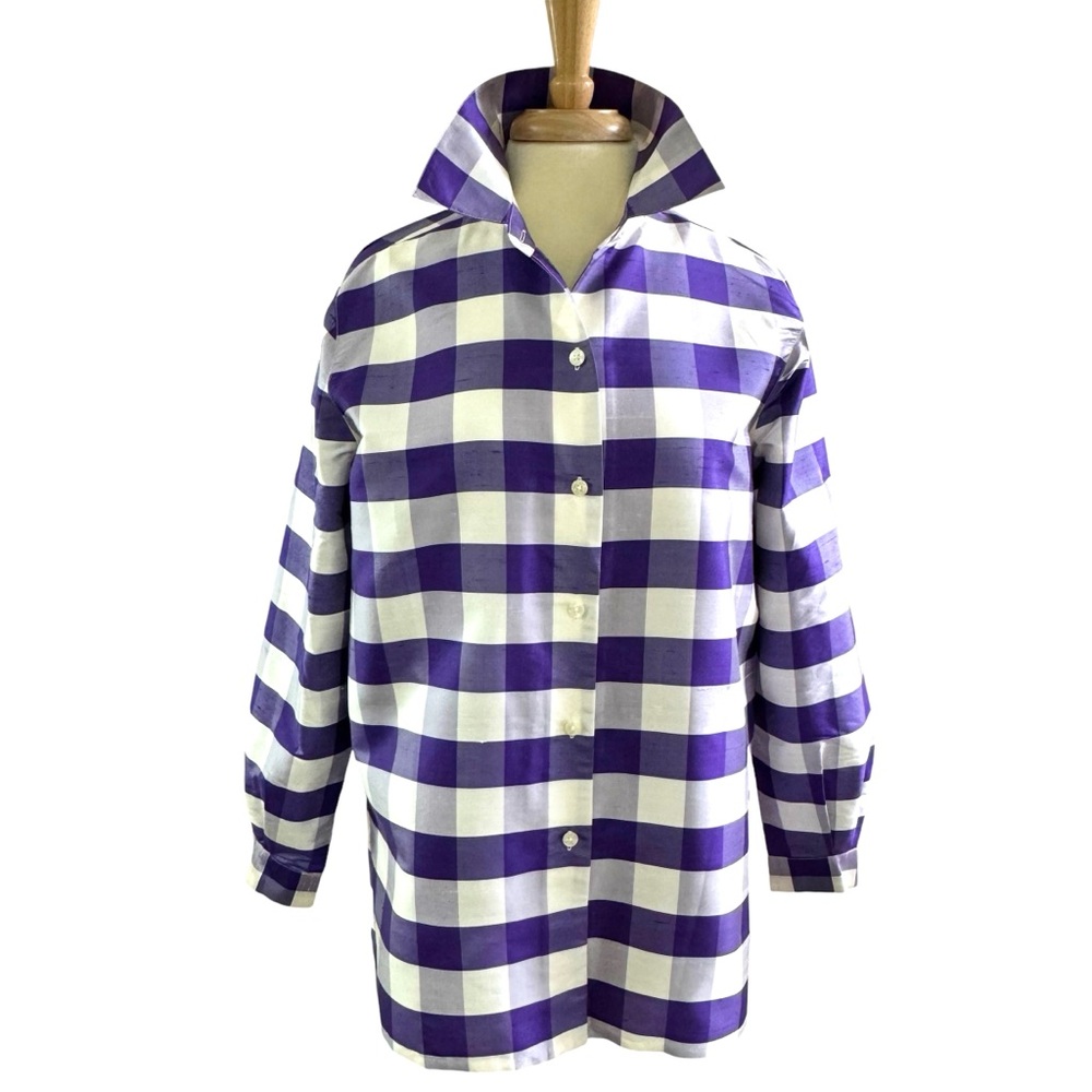 Jessica Holbrook Purple and White Large Check Raw Silk Blouse